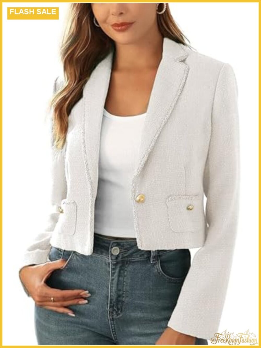 Womens Cropped Tweed Jacket Blazer with Pockets Notch Lapel